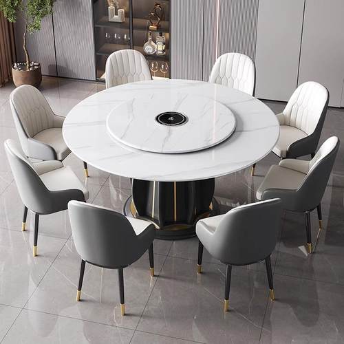 现代简约岩板餐桌圆形家饭用带转意盘1.8m米1式圆桌轻奢店饭桌982