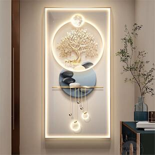 发财树玄关装饰轻画奢高HY档水走廊过道挂画转寓意好石来运壁灯山