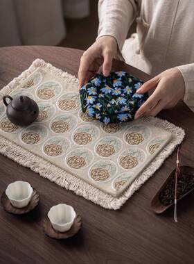 壶新中式作布国风织33523锦艺八角布艺茶托承家手用隔热垫茶具防