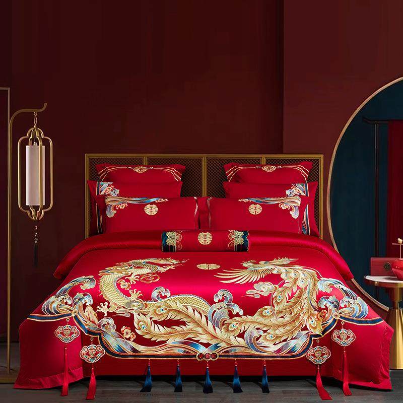婚庆新中式全棉结158婚四件套红色陪嫁棉床品160S提花绣长绒刺件