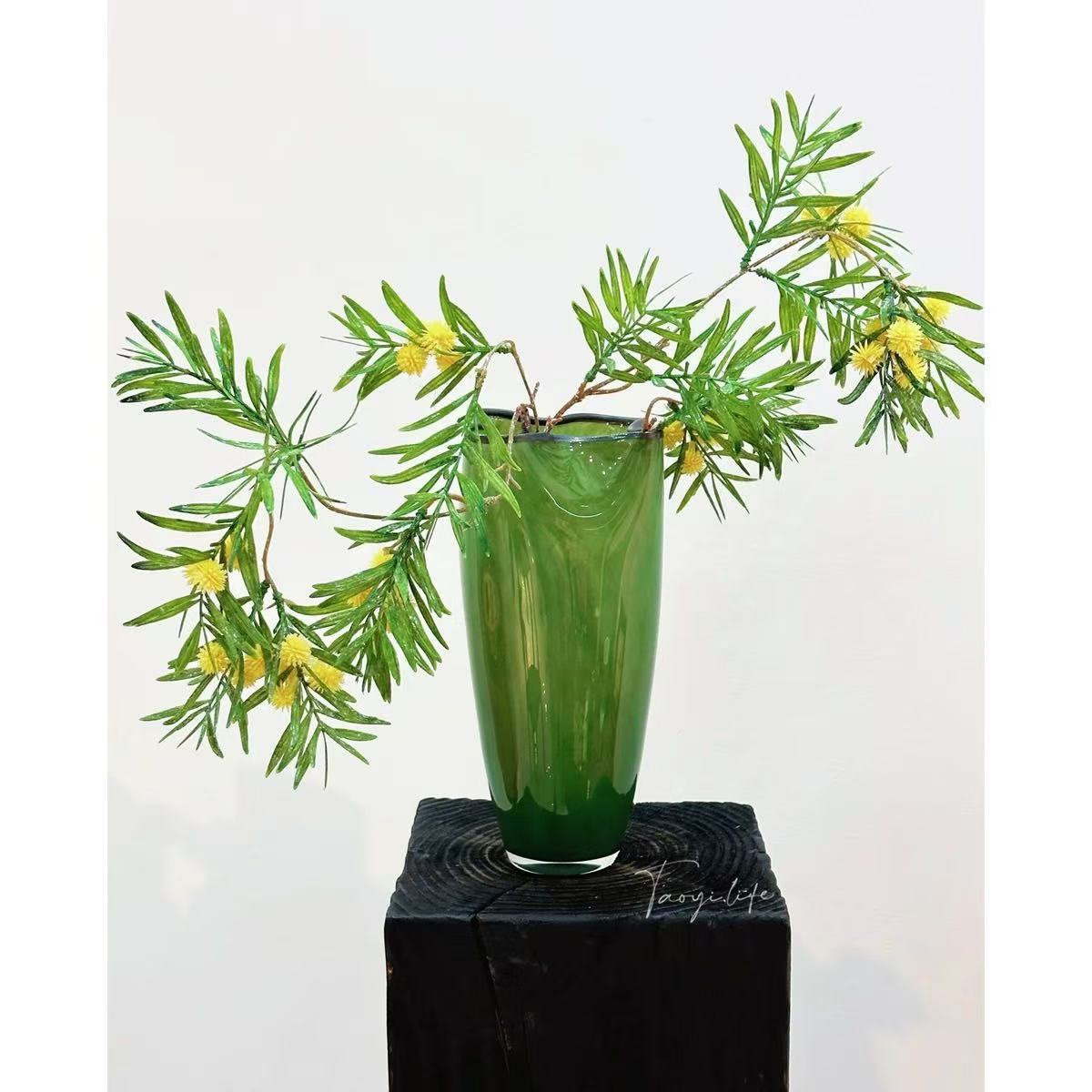 中古四叶草绿色手工琉璃白菜花瓶玄关餐桌客厅复古花器新中式摆件