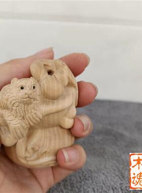 小叶黄灵杨车木雕手把CUN件复古生肖猴刻子家居汽摆件猴葫芦挂件