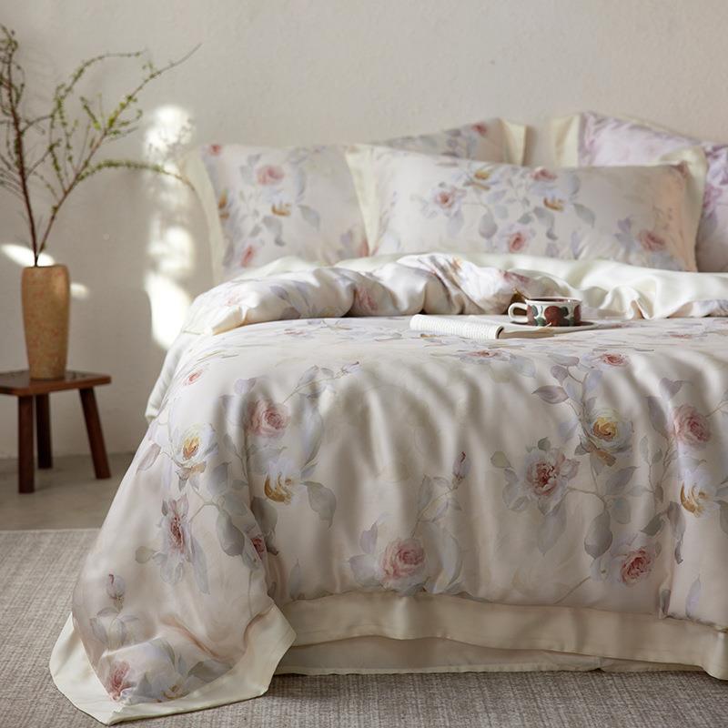 A类笠10JC-11印兰精天丝花四件套夏季床单被套冰0丝床款三件套床