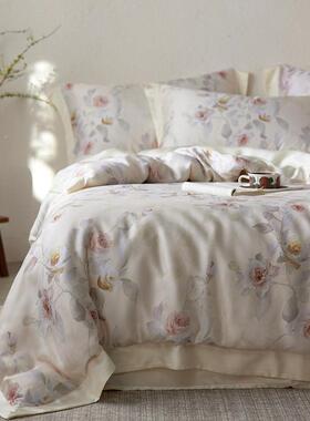 A类笠10JC-11印兰精天丝花四件套夏季床单被套冰0丝床款三件套床