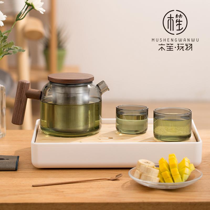 笙玩木物家用玻璃泡Teapot炮茶壶茶具套装茶水分离不钢泡器茶盘大