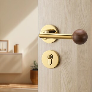 门锁室内卧室原木风家用静音实木房胡桃木中古风复古木质门锁把手