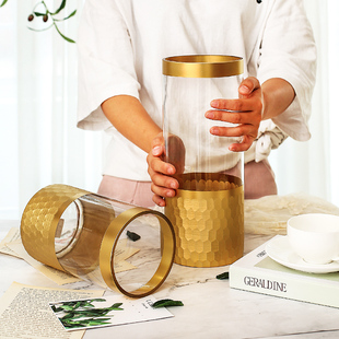 轻奢透明圆柱形金边直筒水培金色玻璃花瓶富贵竹家居饰品摆件软装