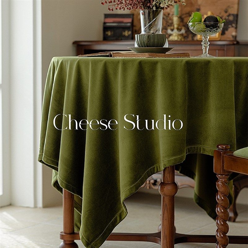 橄榄绿色桌布法式复古美式轻奢风天鹅绒布咖啡店台布家用餐桌布