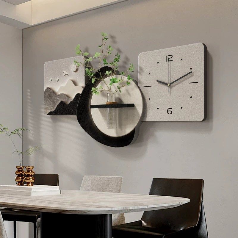 背有靠山餐厅装饰画简约现代餐桌背景墙挂钟钟表客厅水培绿植挂画
