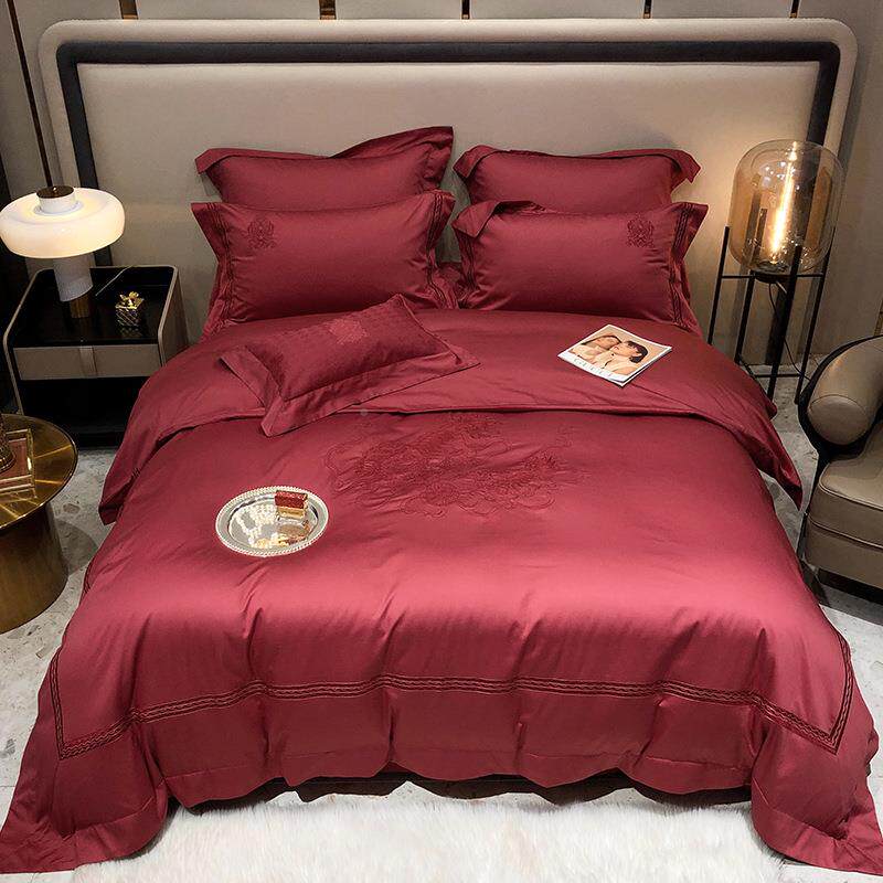 ZQ欧式12绣0长绒棉四婚件套全F7666T5M棉纯棉庆贡缎刺酒红色床上