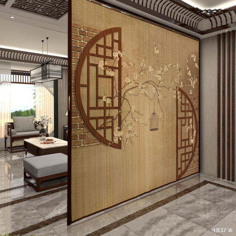 竹帘子HZE门家帘隔断折叠推易拉用风屏风商铺简客厅印花竹帘