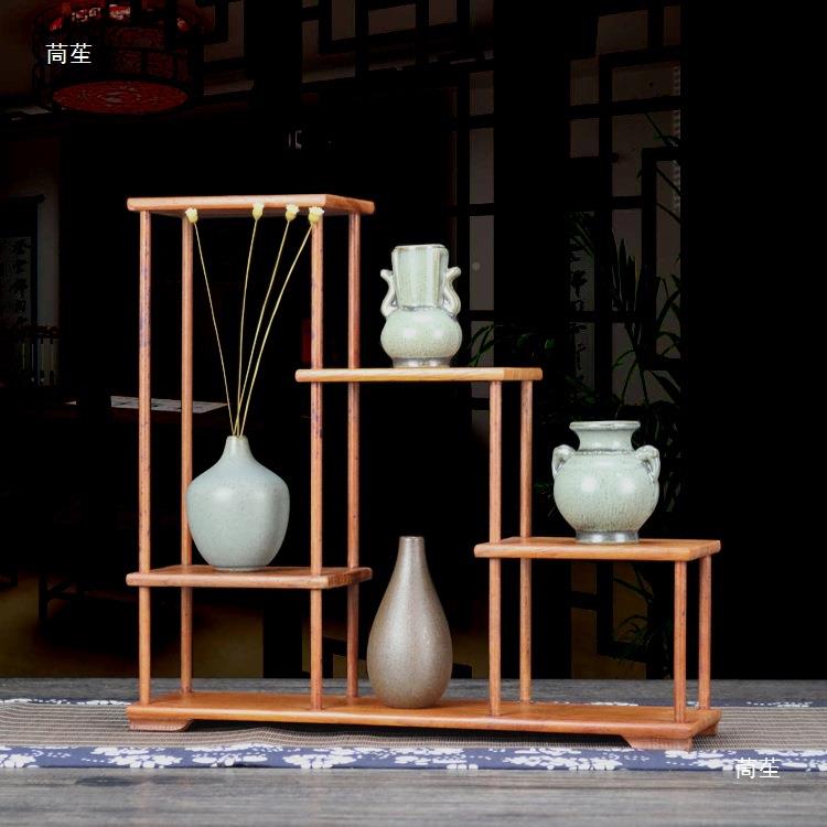 红梨博古架榫结构中阁式仿古卯桌面多宝实木紫砂茶花壶展示红花梨