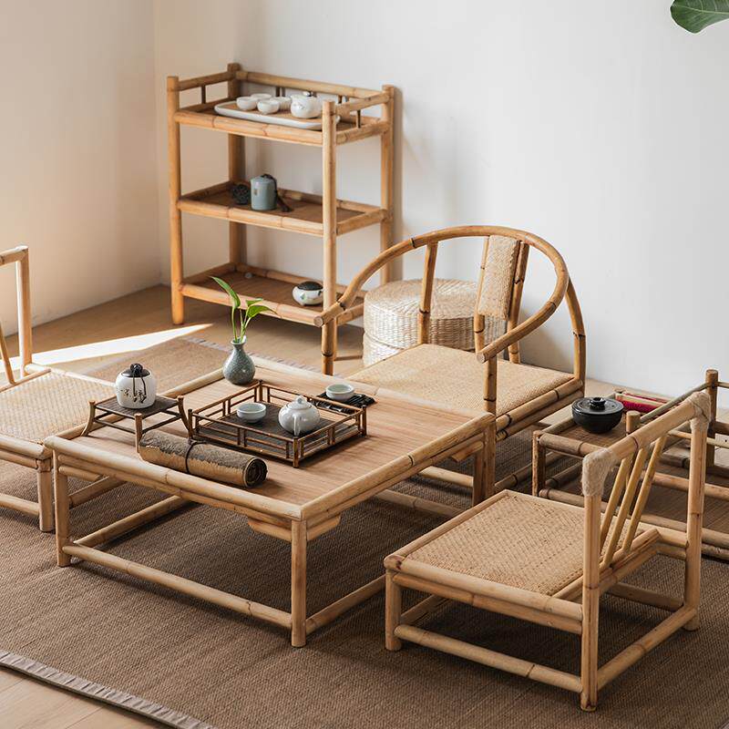 5V藤榻榻米地茶几坐矮桌日式茶桌竹家用阳台泡台DNH喝茶桌干椅组
