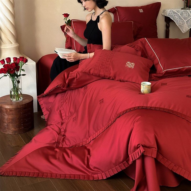 新婚快乐婚庆四件套全棉100S长绒棉喜字刺绣红色结婚被套床单床笠