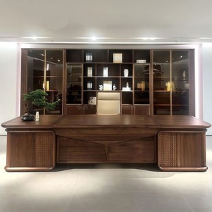 新中式实木老板桌办公桌高档总裁桌董事长黑胡桃木大班台家俱定制