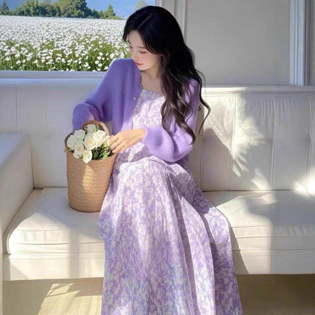 2025新款气质减龄开春穿搭一整套碎花连衣裙针织开衫超火两件套装