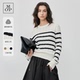 Marc 条纹绞花毛衣女慵懒风 美丽诺羊毛套头针织衫 Polo秋新品