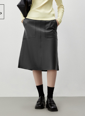 Marc O'Polo/MOP黑色少女中腰半身裙显瘦真皮A字裙绵羊皮中长裙