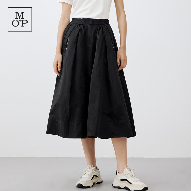 Marc O'Polo/MOP黑色A字百褶裙女高腰休闲宽松大摆半