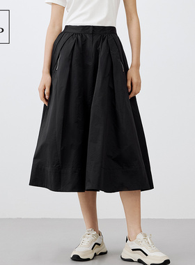 Marc O'Polo/MOP黑色A字百褶裙女高腰休闲宽松大摆半身裙松紧腰