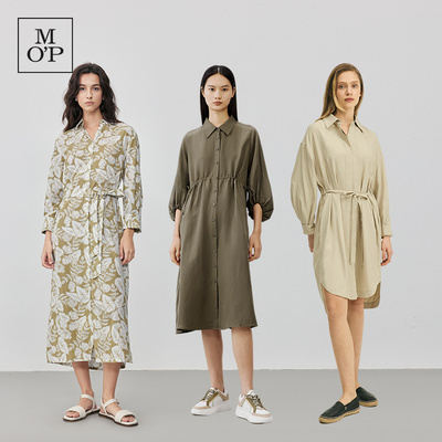 MOP夏季树叶纹衬衫领束腰连衣裙