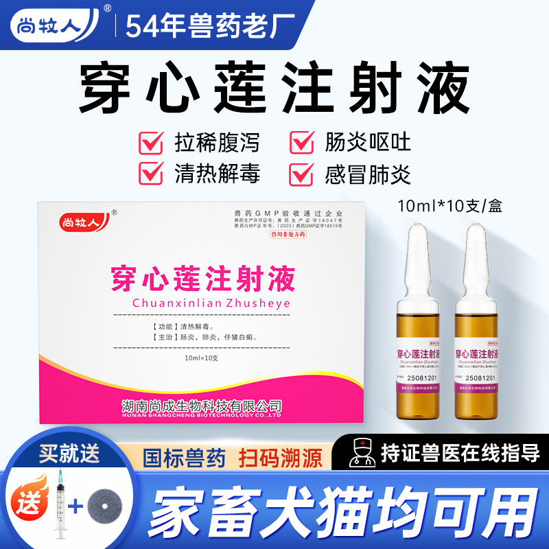 穿心莲注射兽用液针剂仔猪牛羊腹泻黄白痢犬猫拉稀肺肠炎正品兽药