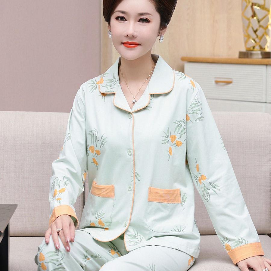 妈妈睡衣女春秋季长袖薄款中老年人妇女士家居服春天全棉套装