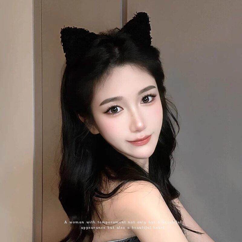 可爱猫咪脸发箍毛97408绒猫耳朵发饰洗脸减头箍显小龄秋冬色黑小