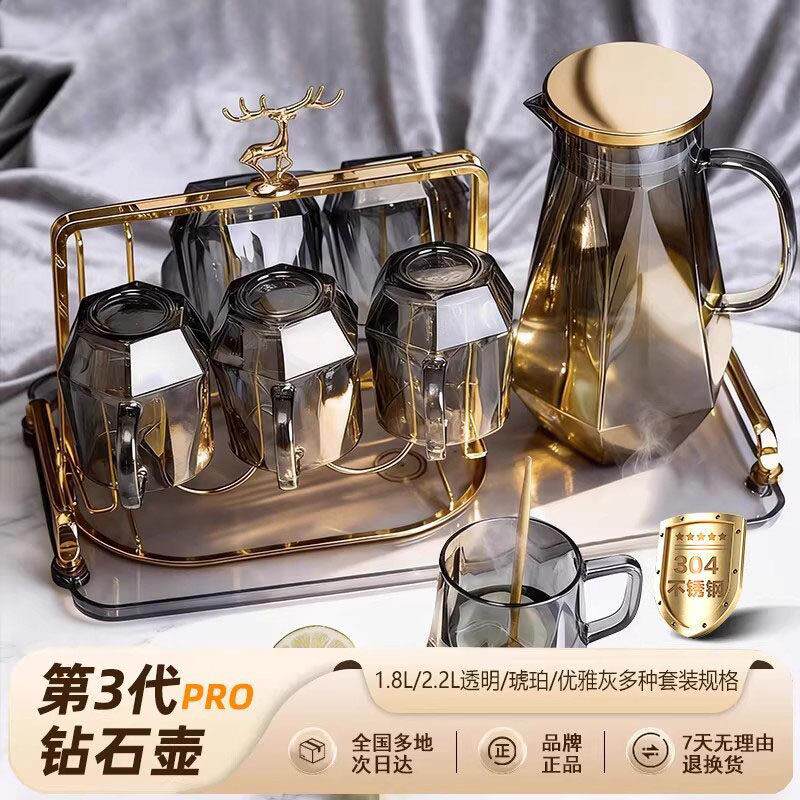 轻奢耐高温钻石高级感家用玻璃水杯套装客厅凉水壶杯子杯架冷水壶