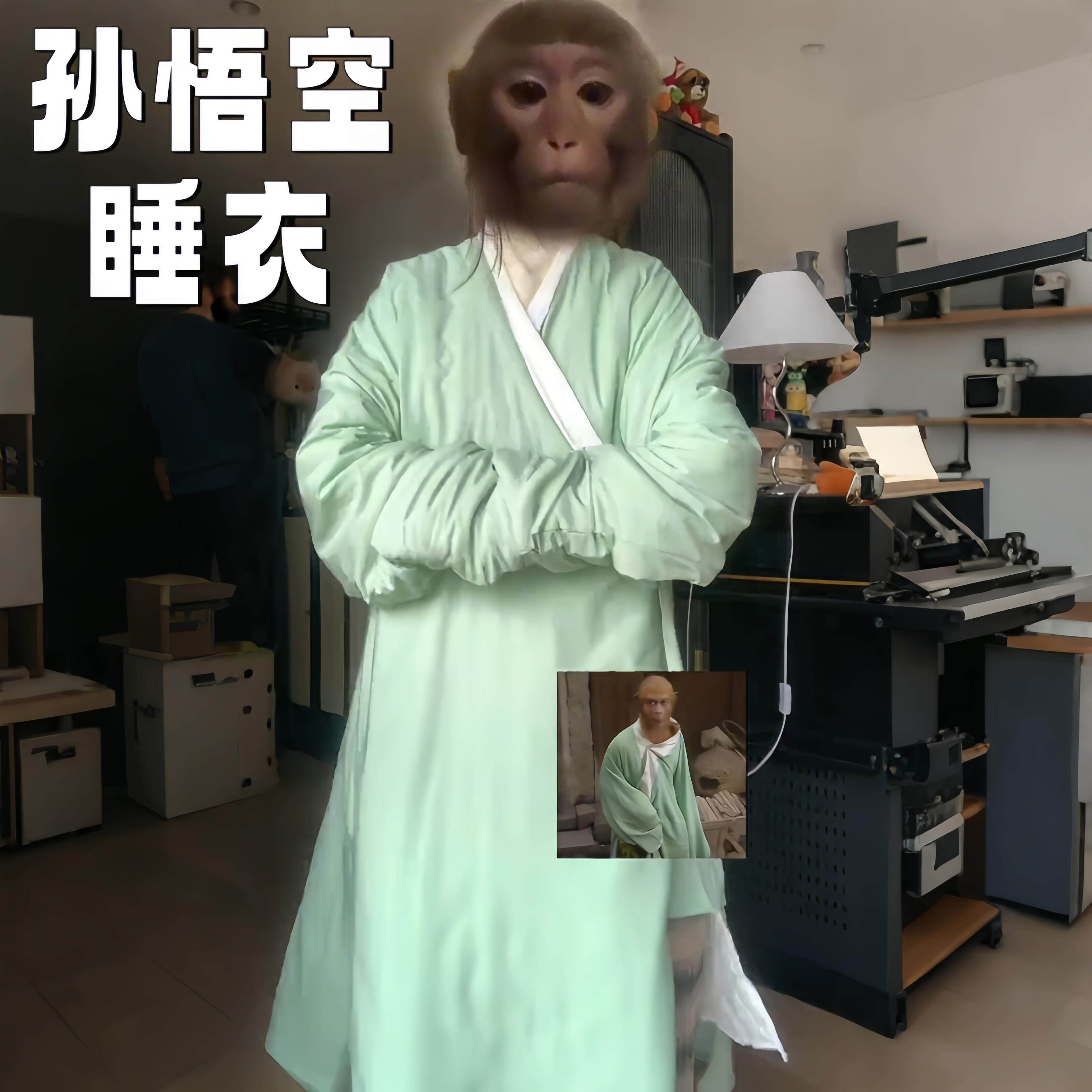 孙悟空睡衣冬天三层加厚夹棉睡袍中式加棉家居服搞怪绿色长衫棉服