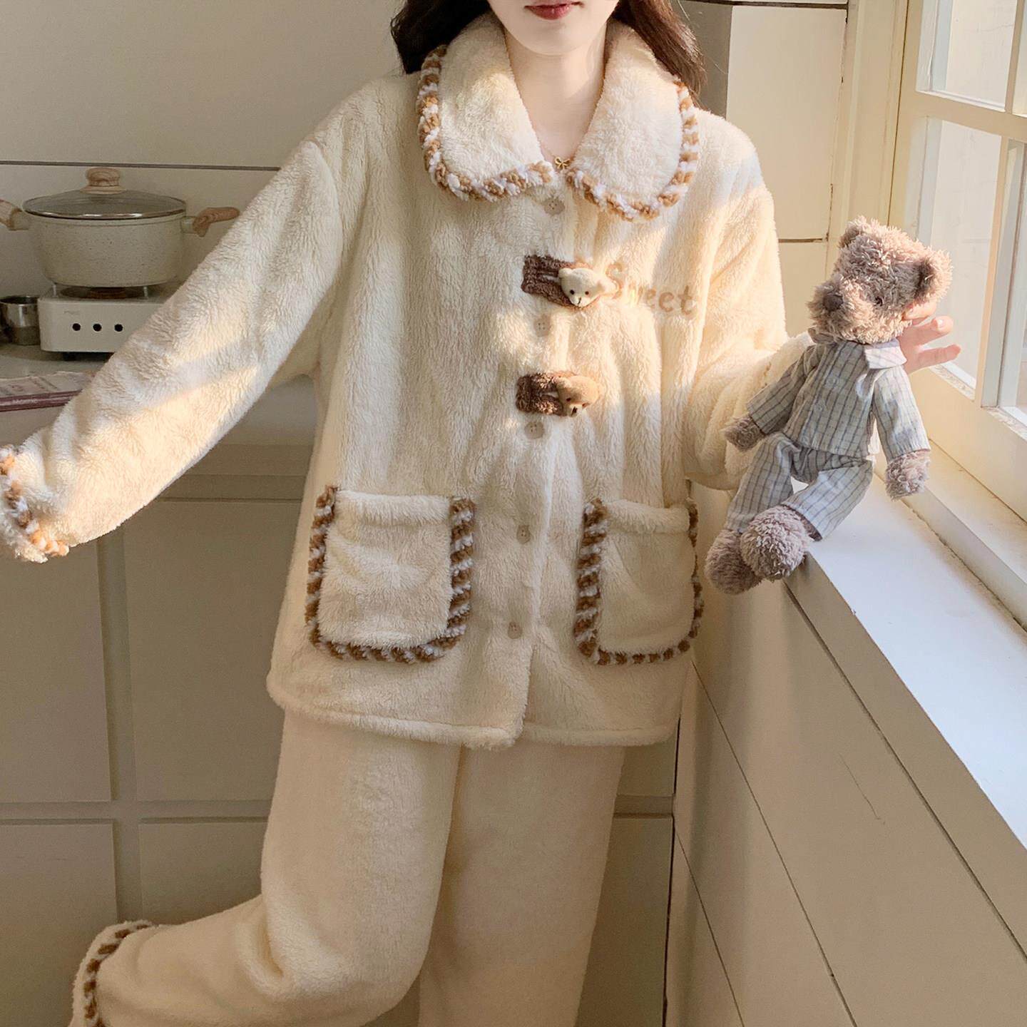 日本睡衣女2025新款冬季珊瑚绒可爱小熊加绒加厚家居服可外穿套装