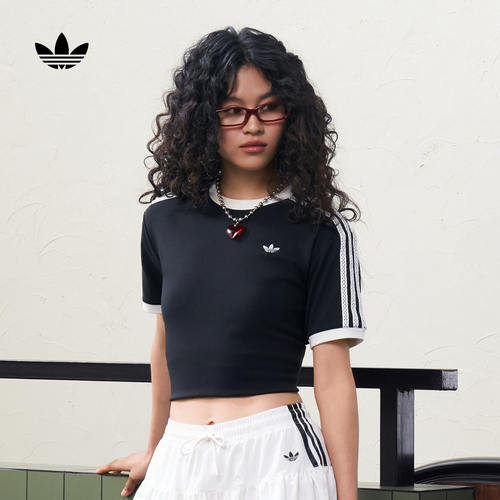 adidas阿迪达斯三叶草2026夏女复古三条纹休闲运动短袖T恤 KY8127
