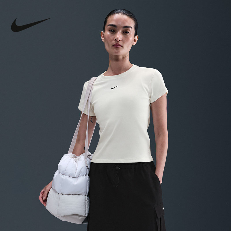 NIKE耐克女子夏季紧身罗纹短袖T恤运动休闲柔软针织衫HV4995-133