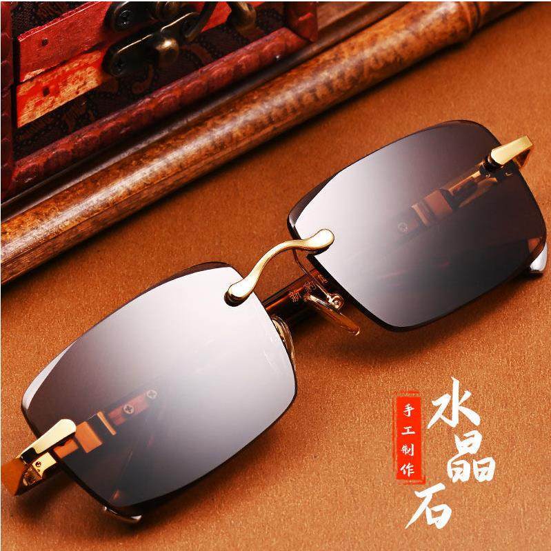 男士高端2025太阳镜女士水晶石切边无框开车用防紫外线大框墨镜