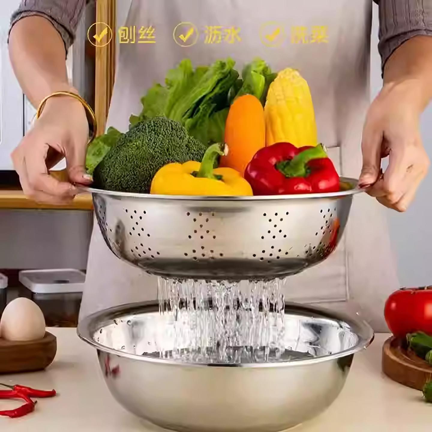 伊美臻品不锈钢刨丝盆304切丝沥水篮三件套多功能洗菜和面擦丝器