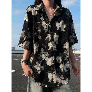 夏季薄款港味复古花卉印花透气凉感冰丝花衬衫宽松垂感男款衬衣