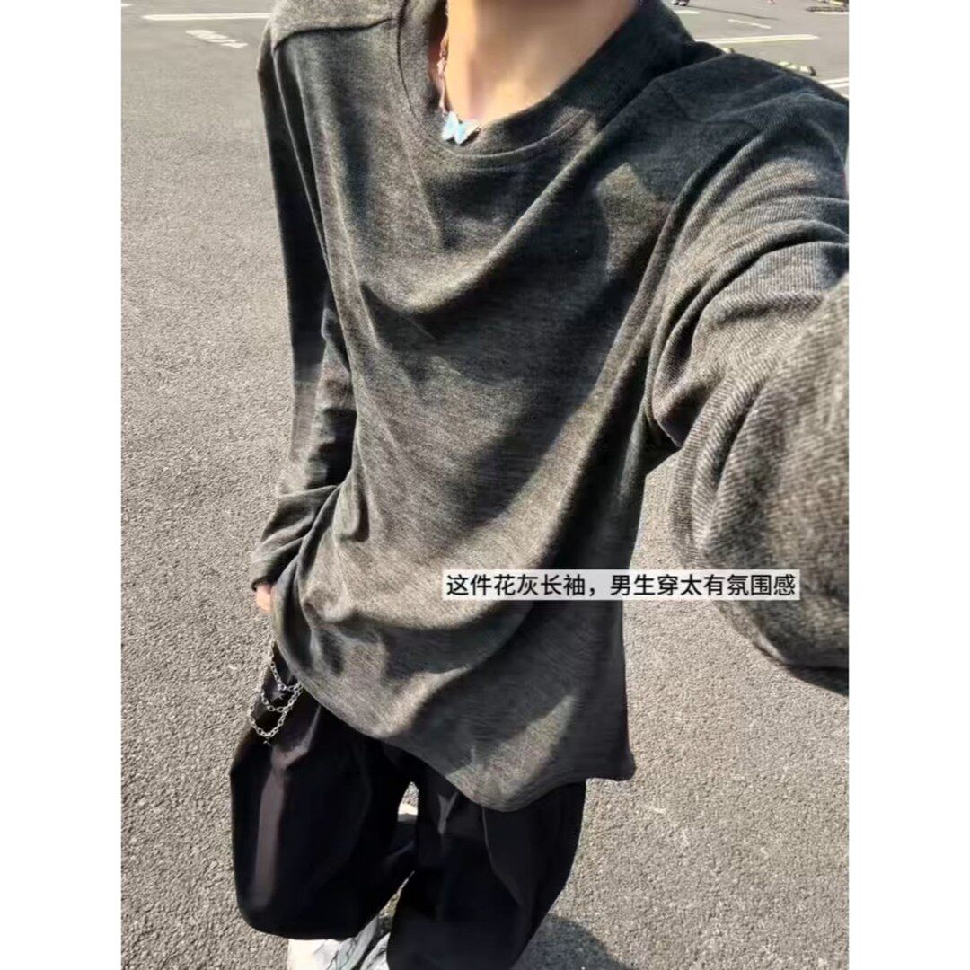 解构拼接潮牌圆领长袖T恤男秋季宽松百搭正肩圆领内搭打底衫