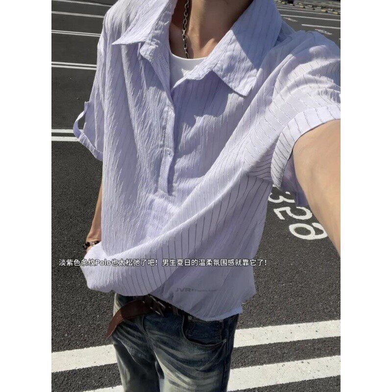 夏季韩版假两件宽松短袖衬衫男女蓝色小众百搭下摆可调节夏天