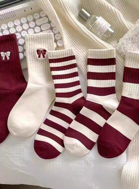 ins潮日系女袜可爱卡通条纹袜蝴蝶结刺绣长袜秋冬款袜子女中筒袜