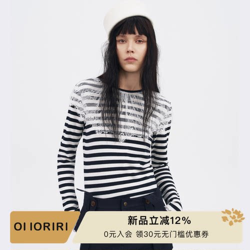 OIIORIRI骨感长袖蕾丝领T恤
