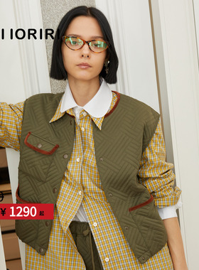 【5折福利款】OIIORIRI 墨绿色太空压格圆领马甲休闲单排扣背心女