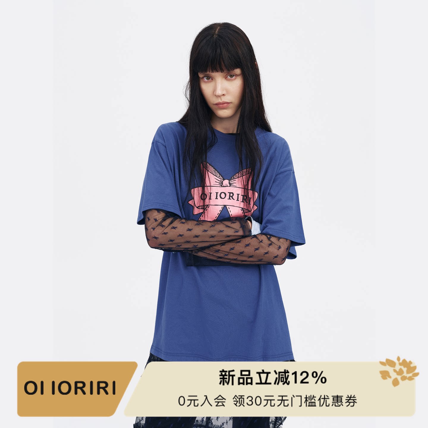 OI IORIRI设计感圆领蝴蝶结印花蕾丝连衣裙中长款休闲半裙2026秋