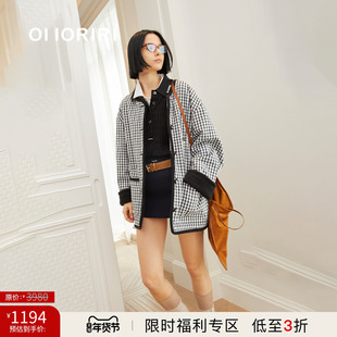 【3折限时福利款】OIIORIRI 复古黑白格纹上衣圆领纽扣长袖外套女