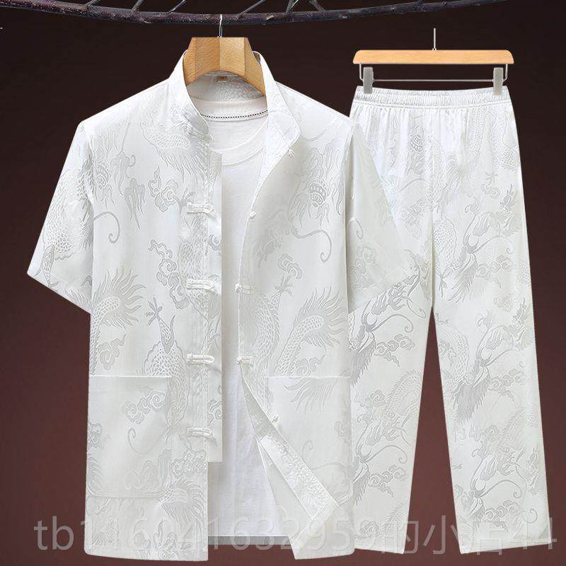 新款新中式装纹男中老年人夏季冰丝短袖衬衫装龙爷爷唐装汉套服太