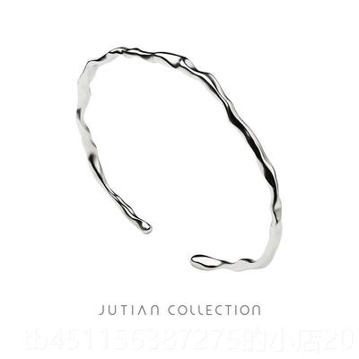 高档JUTIAN女 纯银镯INS个性潮简不规约则凹凸面手女细款百搭银饰
