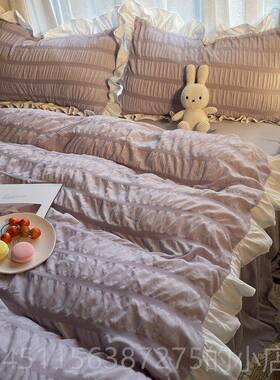 高档NS韩I版轻奢主风床裙小清新纯公白色层泡泡双花边被套床单四