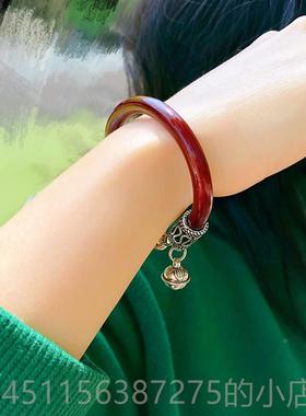 高档铛品鸡血藤手镯女款情侣正纯银铃祥藤镯木质配饰平安锁扣吉男