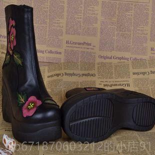 新单靴民暖族风纯皮靴胖脚妈妈女 坡跟短靴秋季 正品 加冬绒保女品鞋