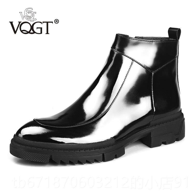 正品Vqgt冬季皮靴男用天鹅绒皮靴皮漆皮男用短靴牛高皮帮鞋真厚底