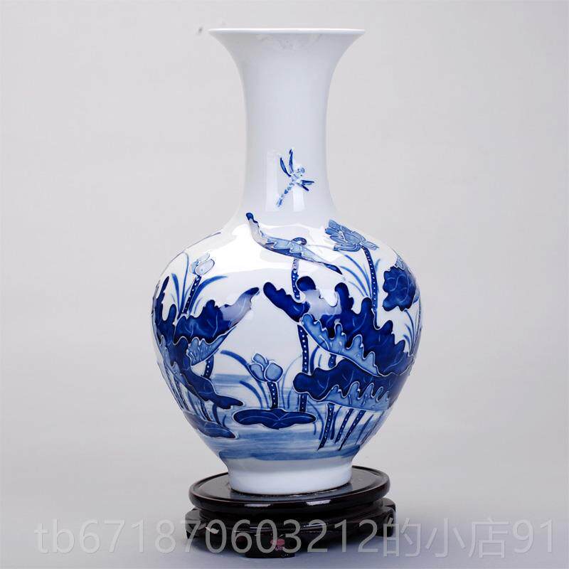 高档075雕刻仿古青花花瓷 景德镇陶瓷 时家居工尚艺品摆件 客瓶厅